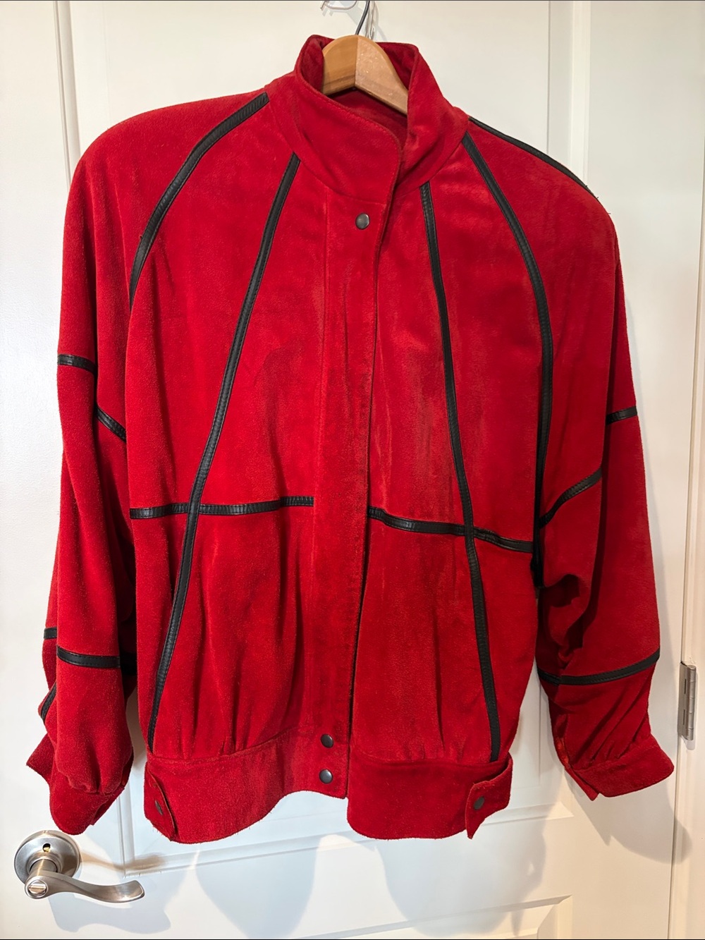 Vintage Red Suede-Style Bomber Jacket with Black Leather Trim 1980's
